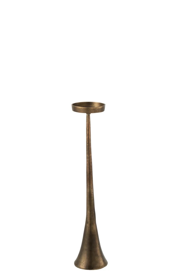 De Kaarsenhouder Luky Aluminium Brons Klein is een kleine, slanke messing kandelaar met een brede uitlopende voet en een rond plateau, afgebeeld tegen een witte achtergrond.