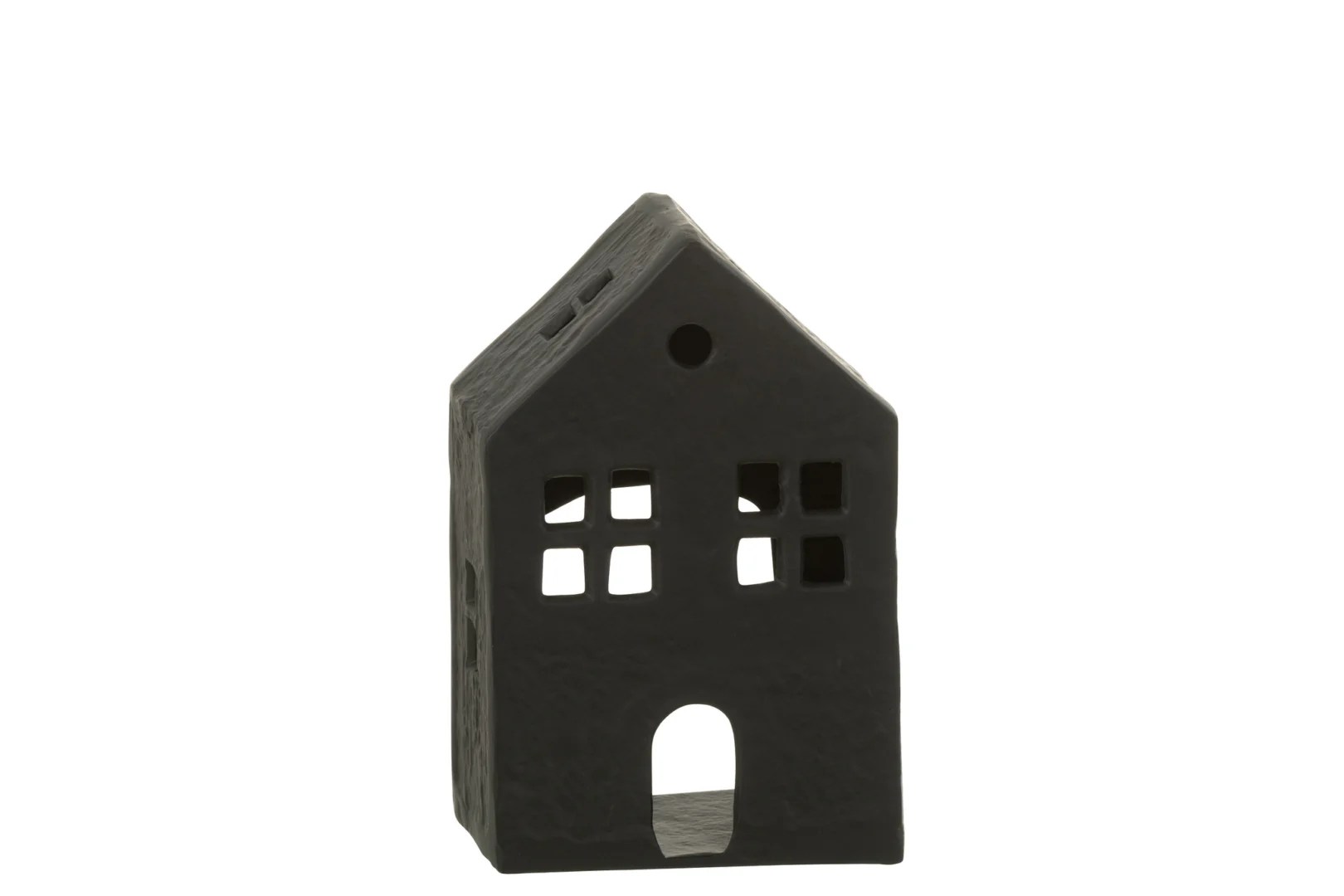 Een klein, zwart Kaarsenhouder Huis van aluminium met vierkante ramen en een gewelfde deuropening, tegen een effen witte achtergrond.
