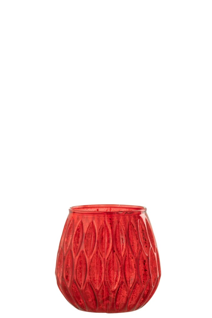 Het Orkaan Motieven Glas Rood Klein is een klein, rond rood glas met een gestructureerd, bladachtig patroon op het oppervlak tegen een witte achtergrond.