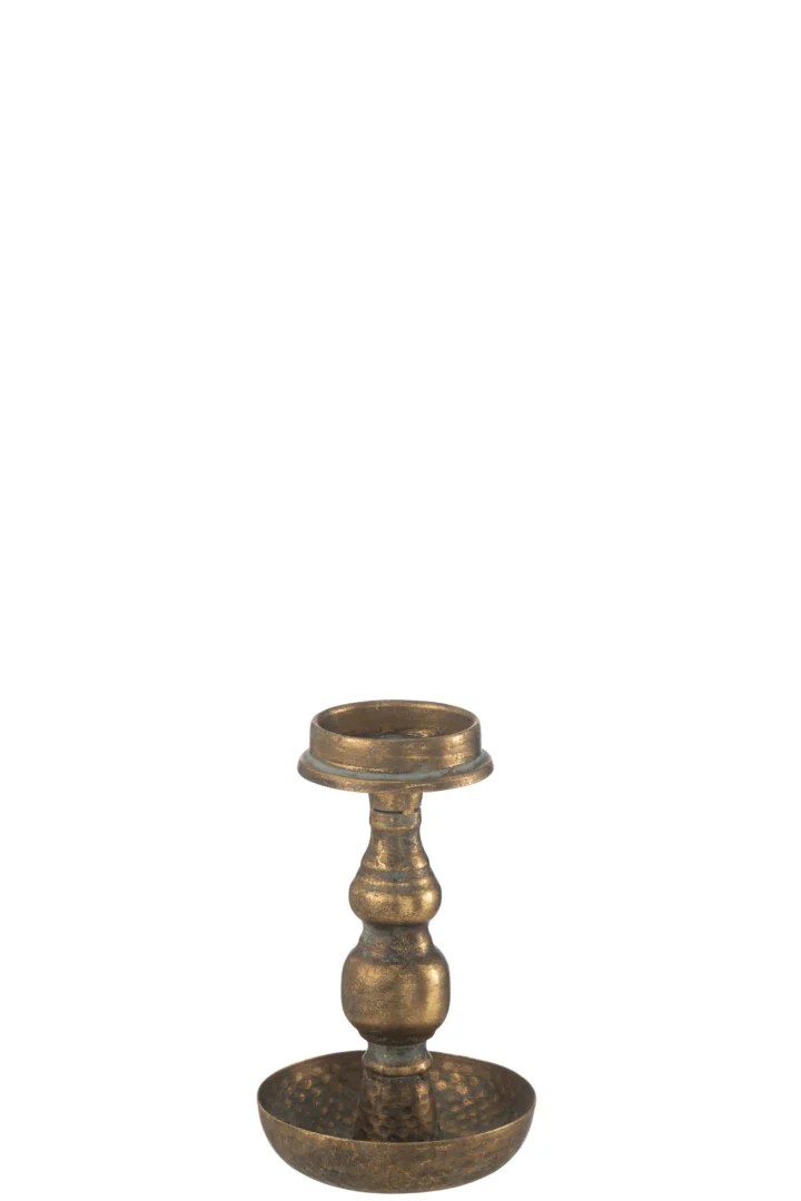 De Kaarsenhouder Antiek Metaal Goud is een vintage messing kandelaar met een ronde voet en sierlijke korte steel, afgebeeld tegen een effen witte achtergrond.