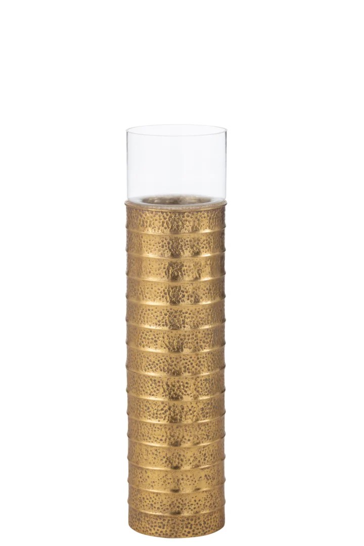 De Kaarsenhouder Pilaar Metaal Goud Klein is een kleine kandelaar met een gestructureerde, goudmetalen basis met horizontale ribbels en een gehamerde afwerking, met daarop een glad, helder bovengedeelte.
