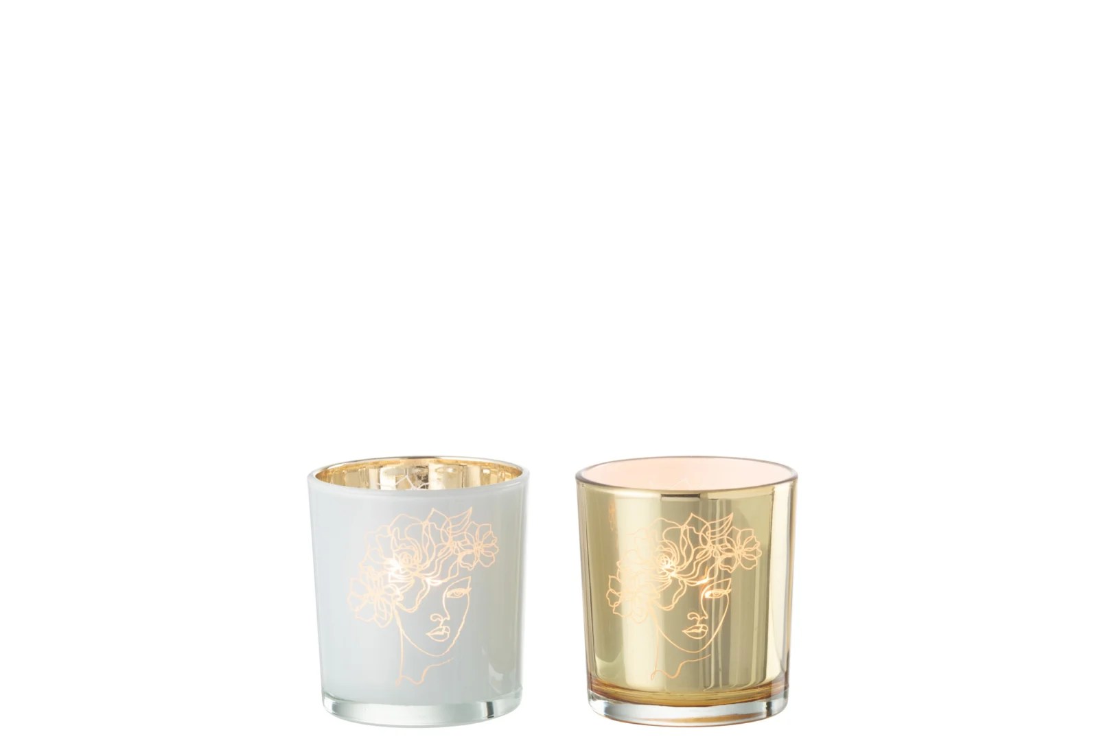 Theelichthouder Dame Bloemen Glas Wit Goud Klein Set 2: Set van 2 decoratieve glazen kandelaars - een witte, een gouden - met minimalistische gezichts- en bloemillustraties. Effen witte achtergrond.