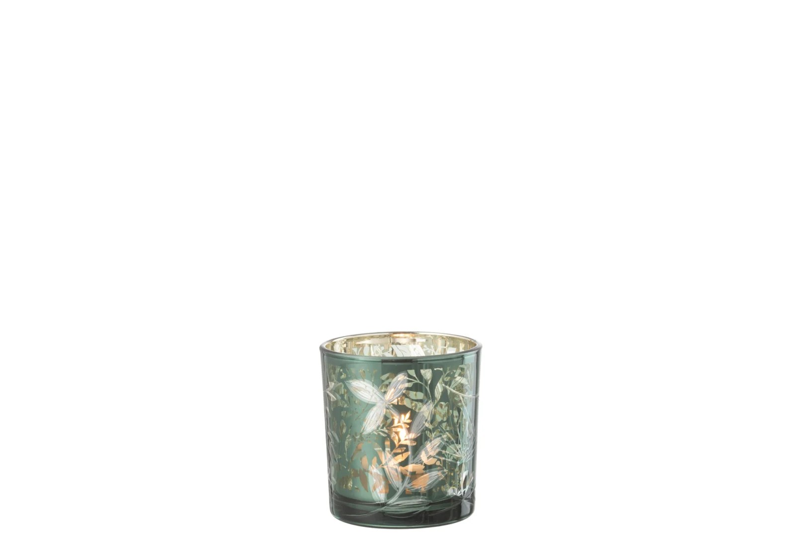 Theelichthouder Bladeren Glas Groen/Antiek Goud Klein: een groene glazen kandelaar met botanisch bladmotief en een metallic gouden binnenkant, afgebeeld met een gloeiende kaars erin tegen een witte achtergrond.
