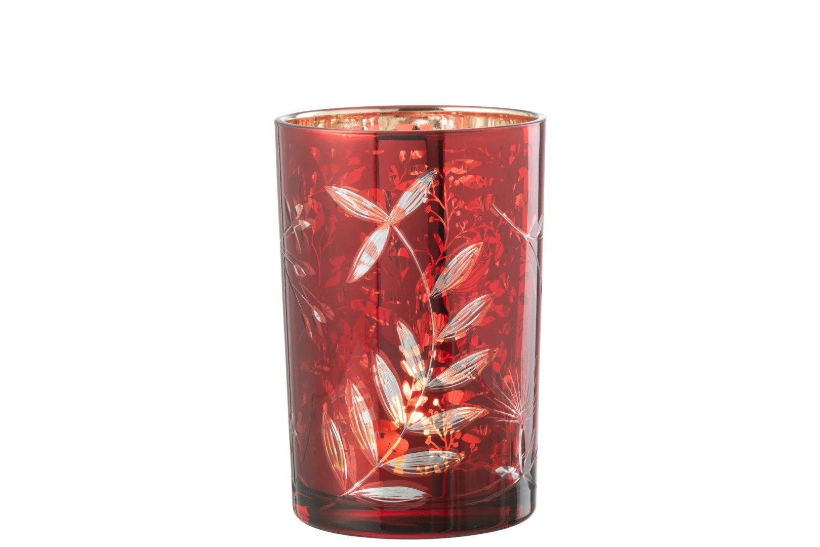Een hoge, cilindrische Kaarsenhouder Orkaan Laat Glas Rood/Antiek Goud Groot staat rechtop op een witte achtergrond, met een rood glazen ontwerp met geëtste heldere blad- en steelmotieven.