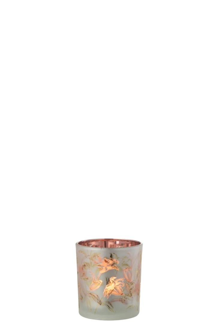 Theelichthouder Bloemen Glas Mat Wit/Rood/Goud Klein: een brandende kaars in een matglazen houder met bloemmotieven en een roségouden binnenkant, afgebeeld tegen een effen witte achtergrond.
