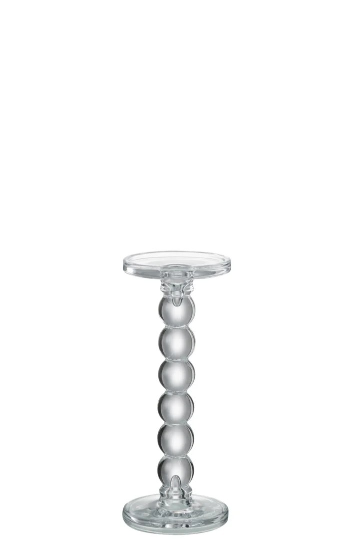 De Kaarsenhouder Druppels Glas Transparant Groot is een helder glazen voetstuk met een ronde platte bovenkant en een steel van gestapelde glazen bollen tegen een witte achtergrond.