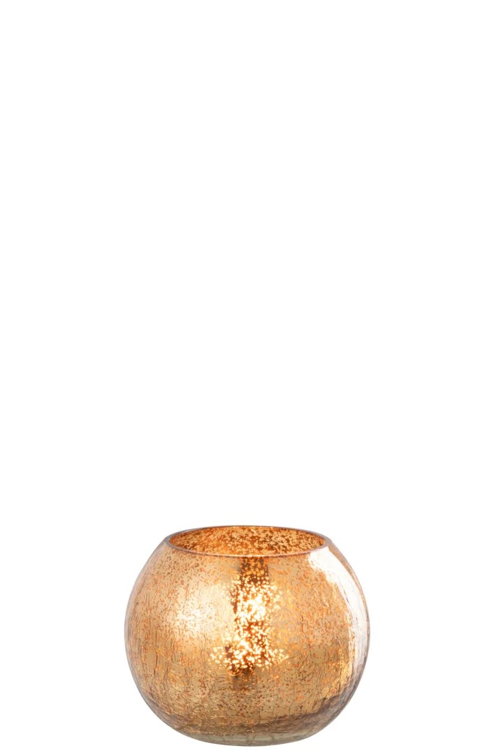 Theelichthouder Bal Craquelure Glas Donker Goud Klein: een kleine, ronde glazen kandelaar in donker goud met een craquelé effect, warm oplichtend tegen een effen witte achtergrond.
