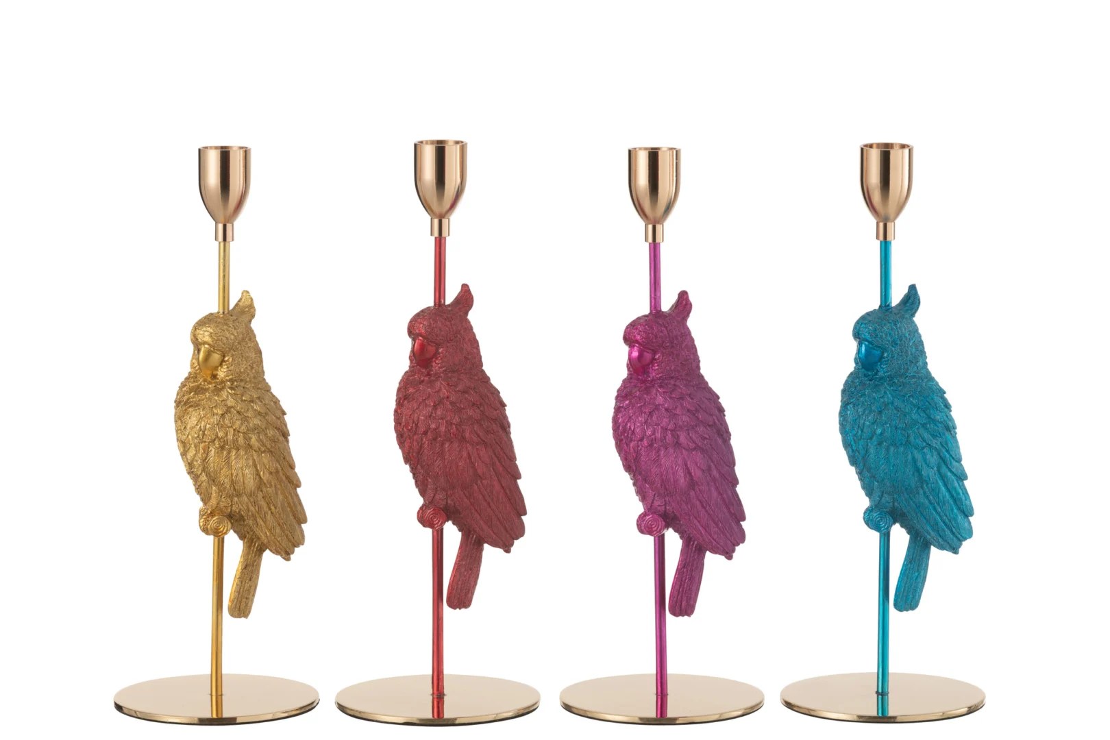 De Kaarsenhouder Vogel Hars Mix Set 4 bestaat uit vier metallic kandelaars met uilen in goud, rood, paars en blauw op gouden voetstukken en kopjes, allemaal op een rij tegen een witte achtergrond.
