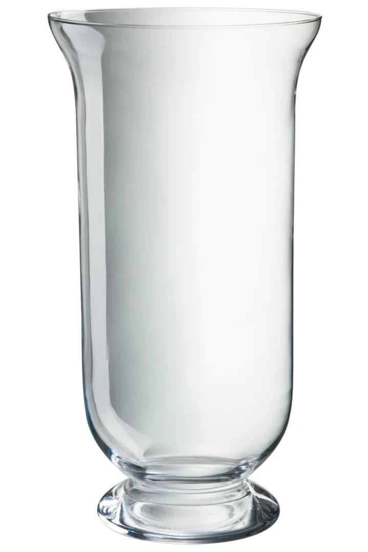 De Kaarsenhouder Hurricane Glas 50cm is een helder glazen orkaanvaas met een wijde opening, licht uitlopende rand en korte ronde voet, rechtopstaand tegen een witte achtergrond.