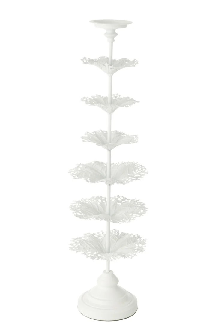 De Kaarsenhouder Boom Metaal Wit Groot is een hoge, wit metalen standaard met zeven kanten lagen die verticaal zijn gerangschikt, een ronde basis voor ondersteuning en een kleine bovenplaat - ideaal voor het uitstallen van meerdere cupcakes.
