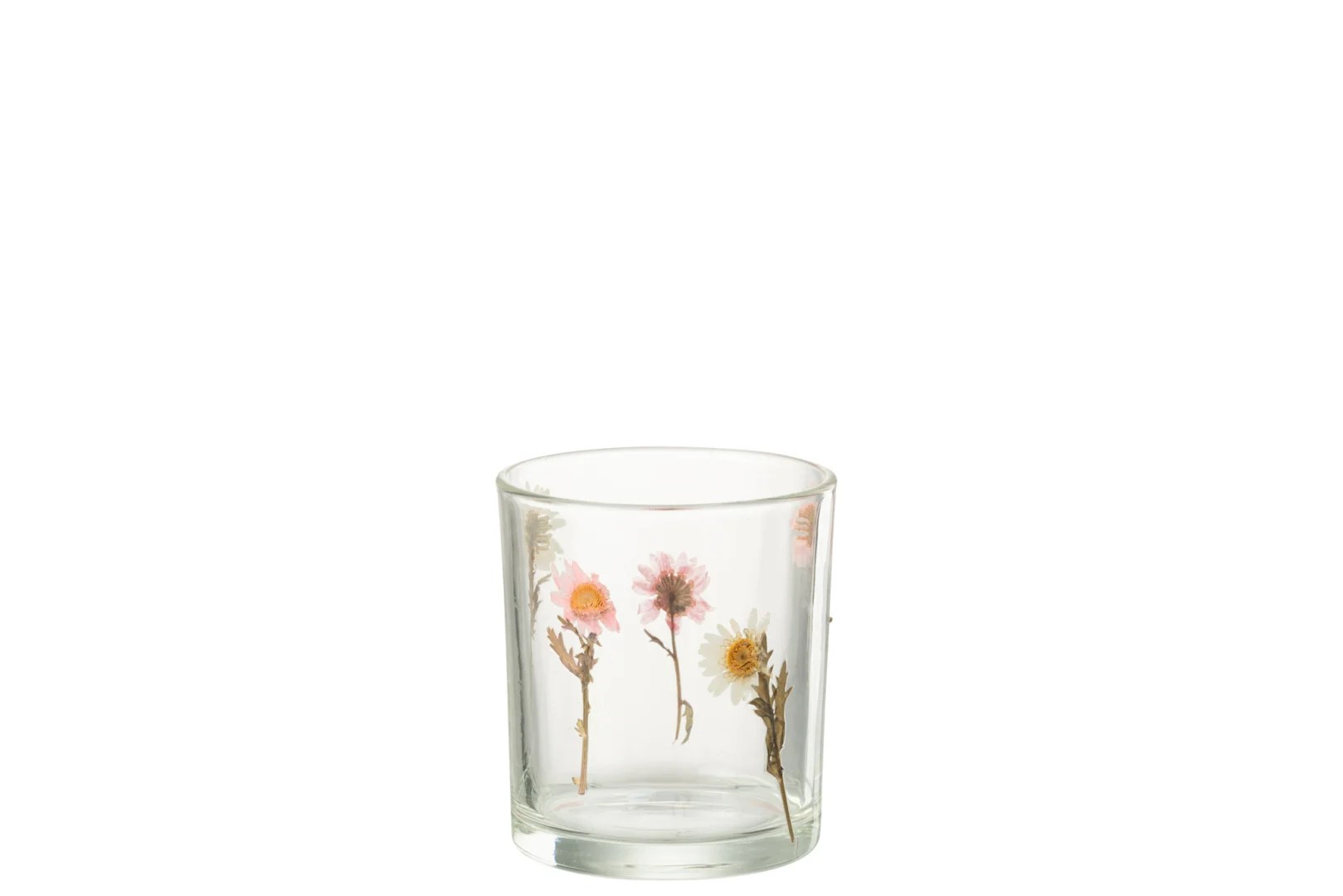 De Peggy Bloemen Glas Klein - Theelichthouder Kaarsenhouder heeft een helder glas met roze en gele droogbloemen ingebed op de zijkanten, prachtig tegen een effen witte achtergrond.