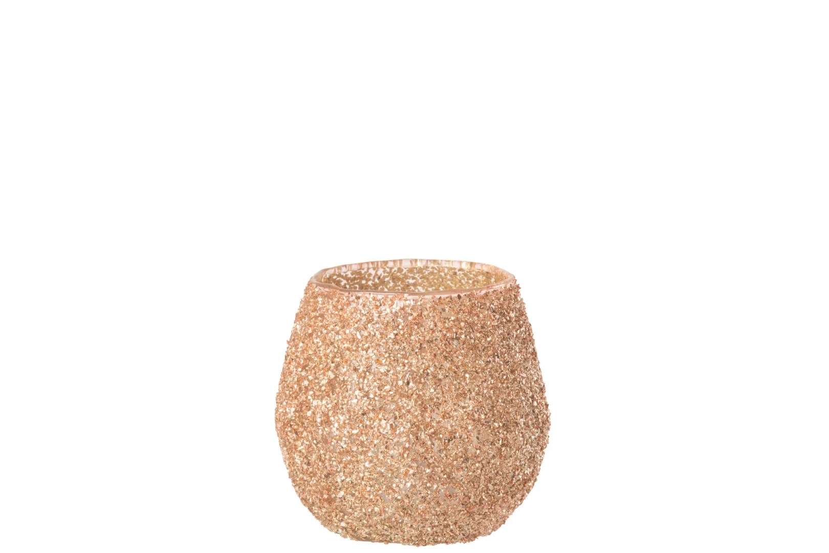 Een kleine, ronde kandelaar met de naam Theelichthouder Glas Perzik Klein heeft een gouden glitterafwerking en een brede opening, tegen een effen witte achtergrond.