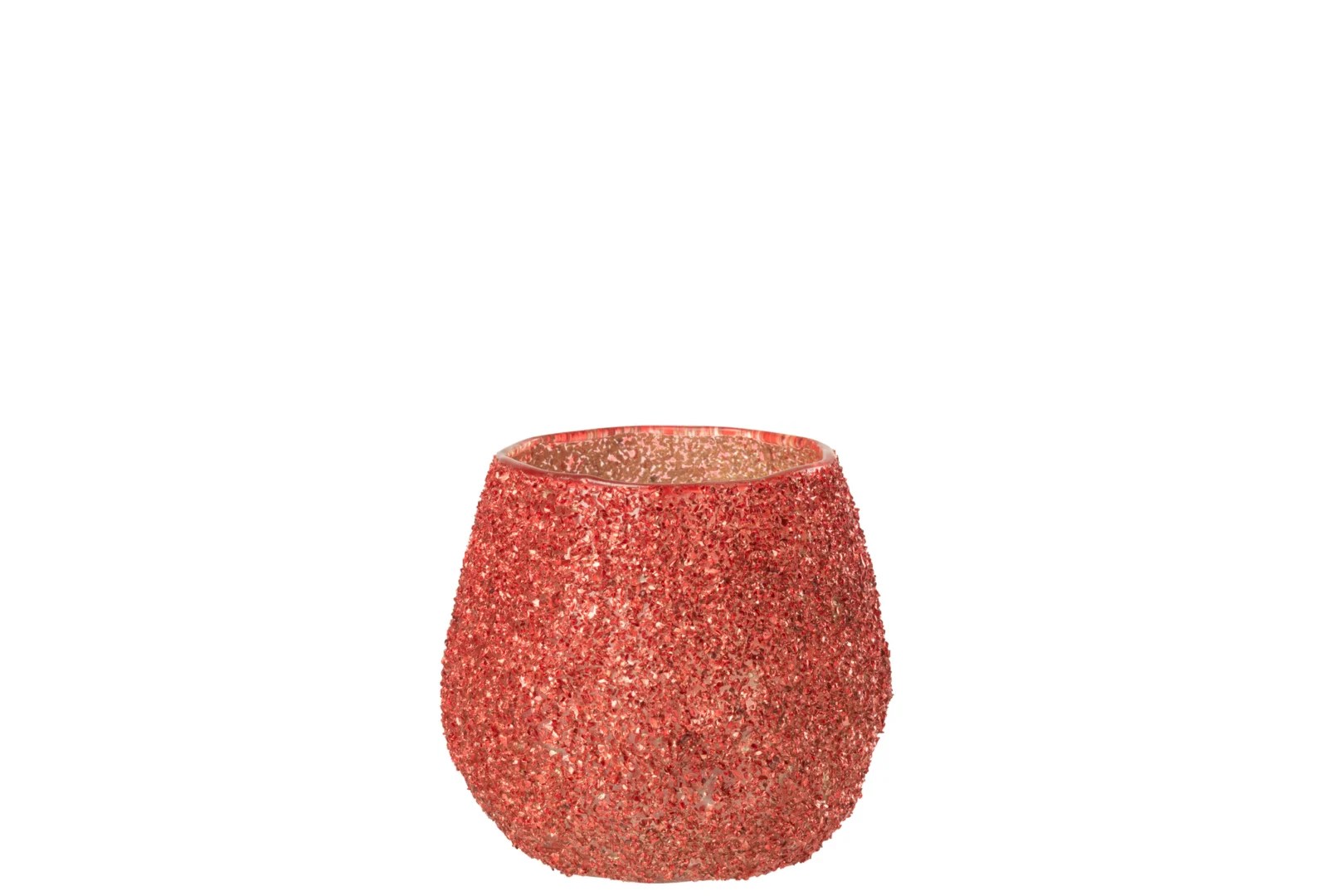 De Theelichthouder Glas Kerst Rood Klein is een klein, rond, steelloze glas met een gestructureerde rode glitterafwerking, afgebeeld tegen een effen witte achtergrond.