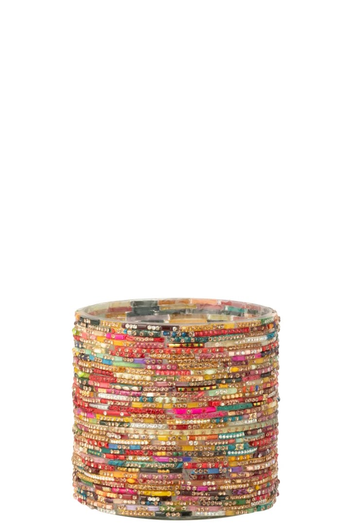 De Kaarsenhouder Kralen Glas Roze/Goud Medium is een cilindrische houder versierd met rijen roze en gouden kralen in ingewikkelde patronen, waardoor hij er levendig uitziet tegen een effen witte achtergrond.