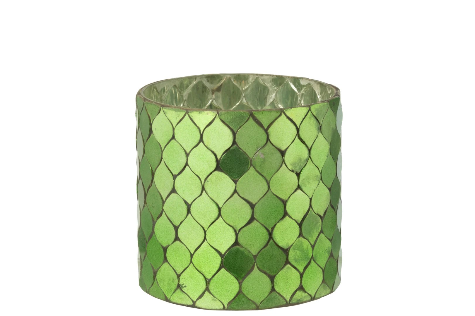 De Kaarsenhouder Cilinder Mozaïekglas Groen is een groene cilindrische glazen kandelaar met een visschubpatroon, met glanzende, overlappende schubben omlijnd met zilver.