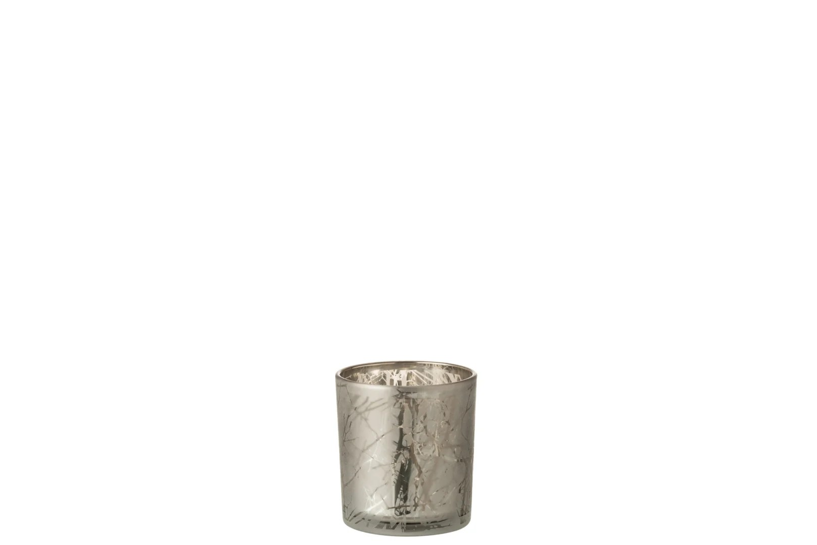 De Theelichthouder Takken Glas Grijs Klein, een kleine lege theelichthouder van grijs glas met een gemarmerd patroon, staat in het midden op een effen witte achtergrond.