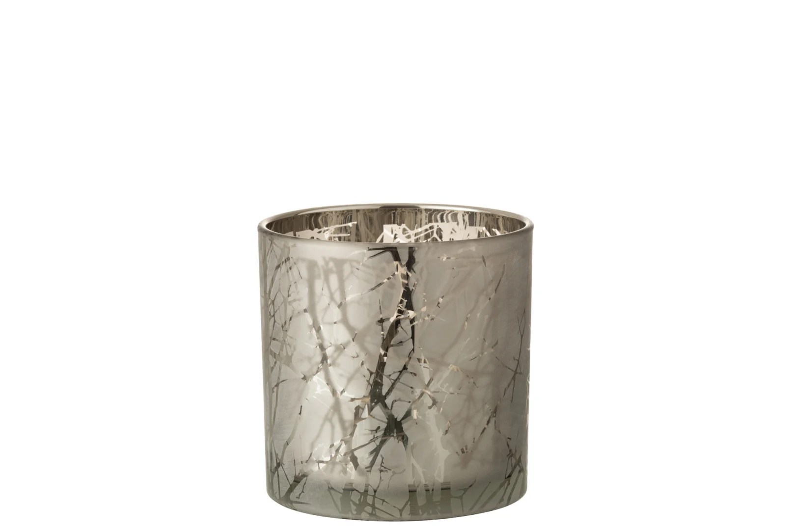 Theelichthouder Takken Glas Grijs Groot is een grote, zilverkleurige glazen kandelaar met een reflecterende afwerking en geëtst takkenpatroon, afgebeeld tegen een effen witte achtergrond.