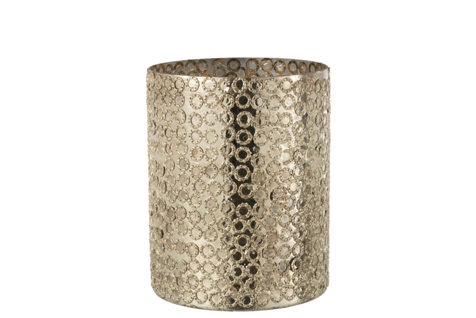 De Vaas Cirkels Glas Zilver is een cilindervormige vaas van zilverglas met een ingewikkeld opengewerkt patroon van kleine, zich herhalende cirkels over het oppervlak.