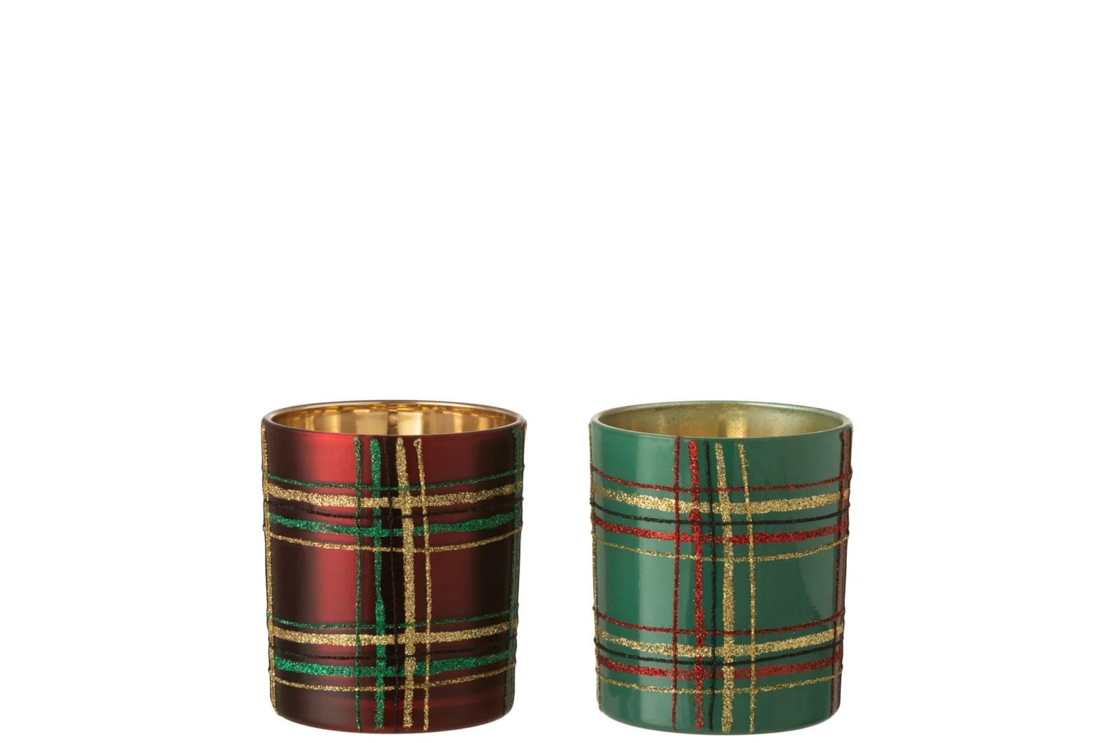 Theelichthouder Geruit Glas Rood/Groen Groot Assortiment Van 2: Set van twee grote cilindrische kandelaars met ruitmotieven in rood/goud en groen/goud, glanzende metallic afwerking en verticale en horizontale glitterstrepen.