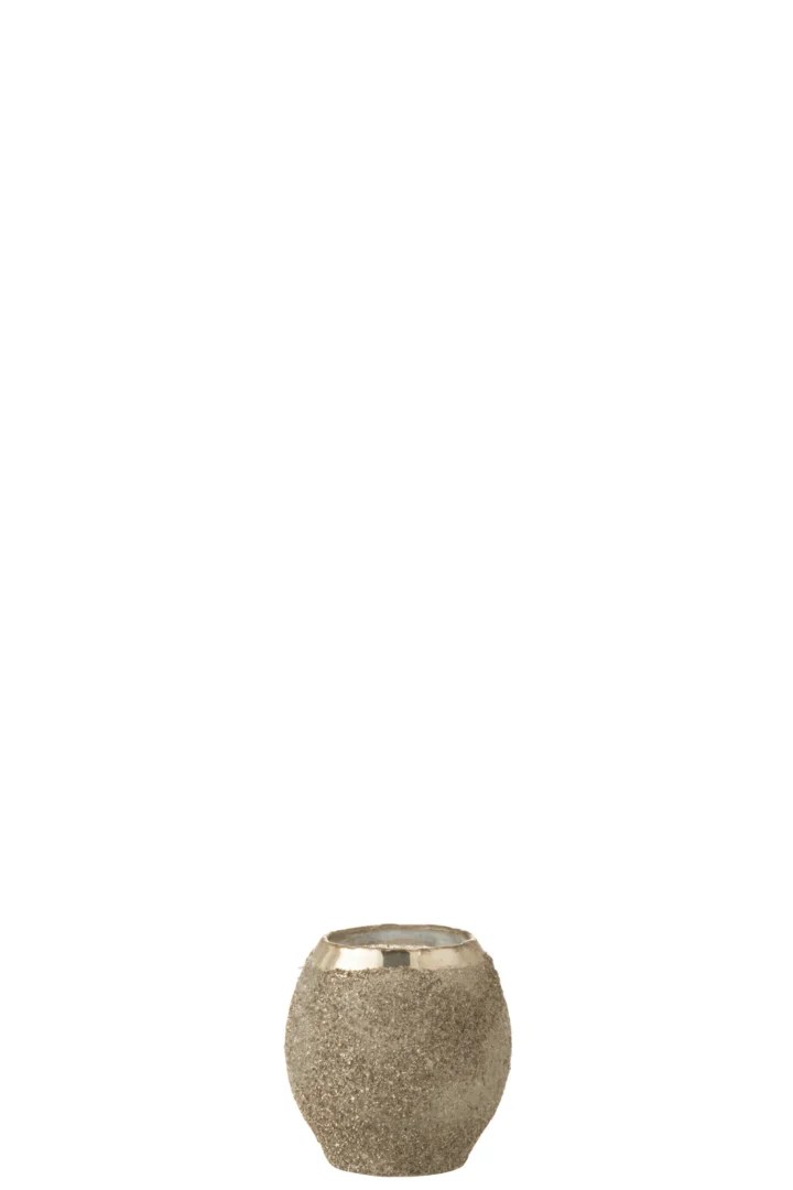 Theelichthouder Frosty Ronde Glas Zilver Klein: een kleine, ronde kandelaar met beige structuur en een gladde, glanzende zilveren rand, afgebeeld op een effen witte achtergrond.
