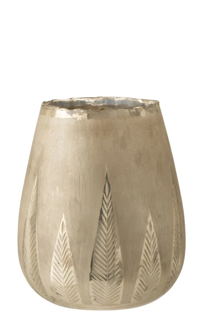 Theelichthouder Blad Rond Glas Zilver Groot: een grote, ronde glazen kandelaar in zilver, met een geëtst patroon van hoge bladeren en een rustieke, ongelijke rand.