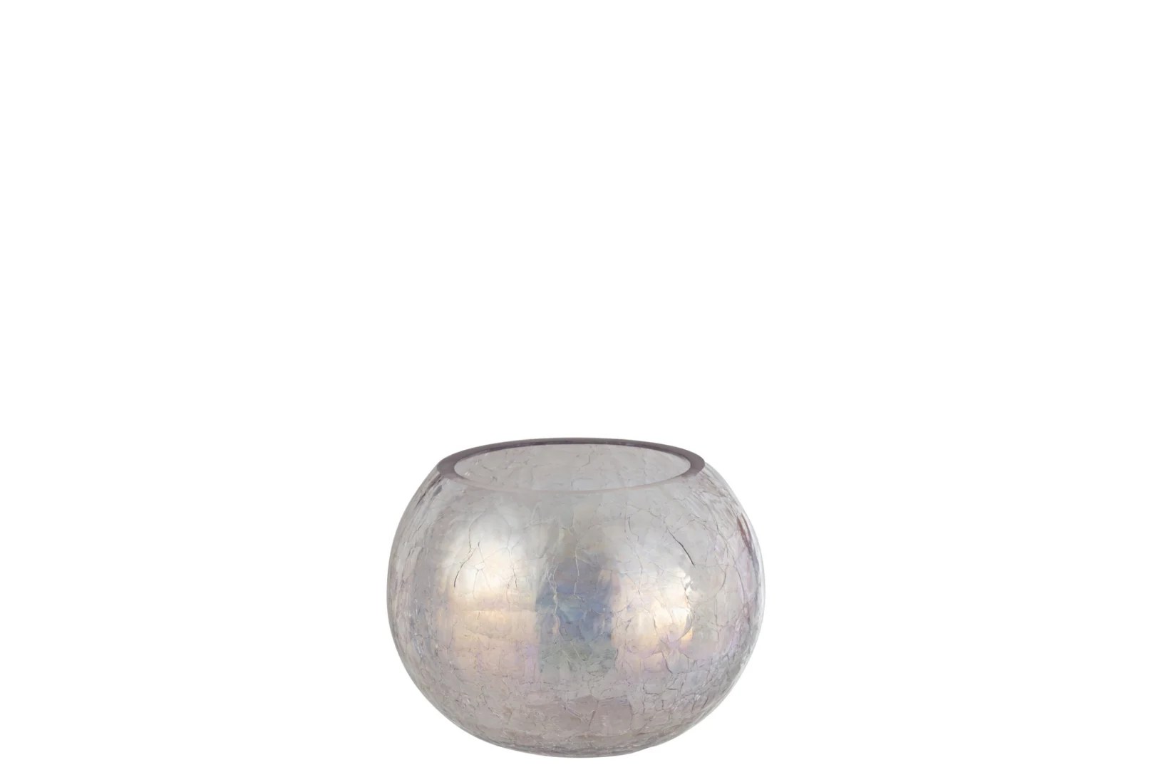 De Kaarsenhouder Orkaan Lichtbal Craquelure Glas Paars Medium is een ronde, gebarsten glazen kaarsenhouder met een brede opening, afgebeeld tegen een effen witte achtergrond.