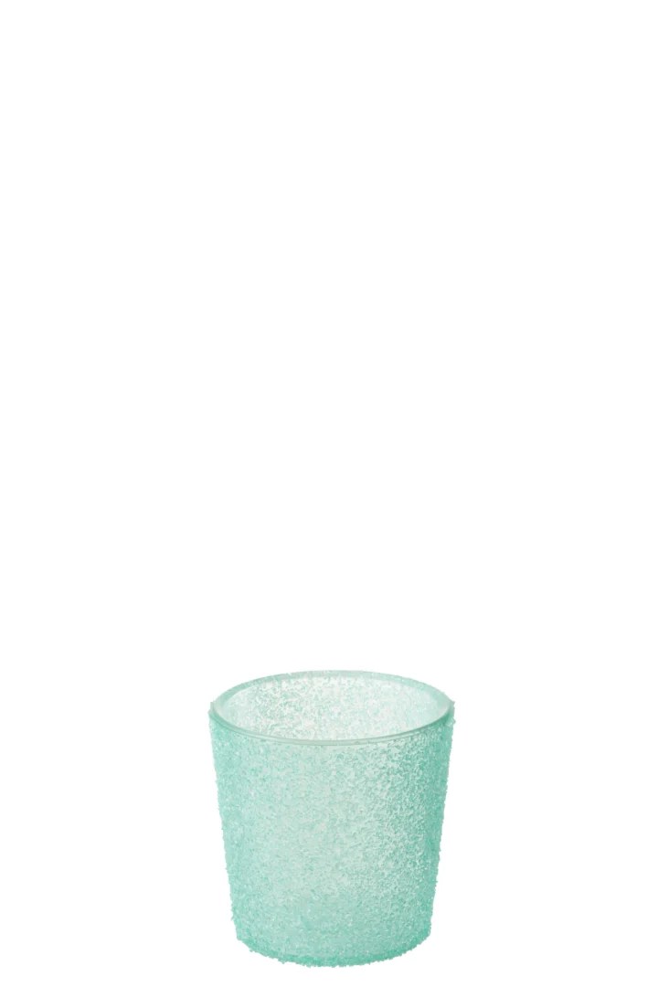 De Bloempot Glas Ruw Azuur, een kleine turquoise glazen pot met textuur, staat in het midden op een witte achtergrond.