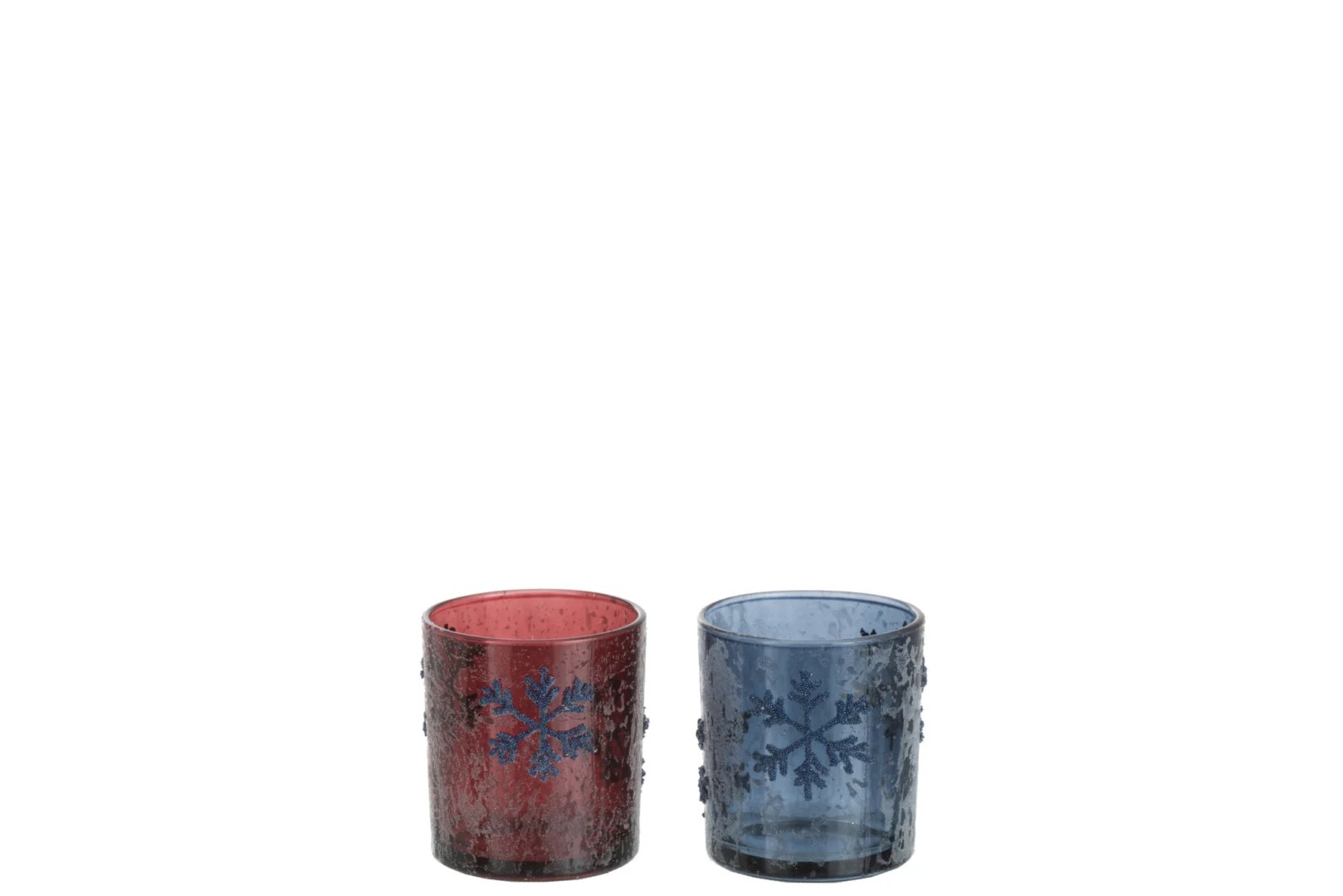 Theelichthouder Sneeuwvlok Glas Blauw Rood Klein Set 2: twee kleine glazen kandelaars, een blauwe en een rode, met sneeuwvlokpatronen, naast elkaar op een witte achtergrond.