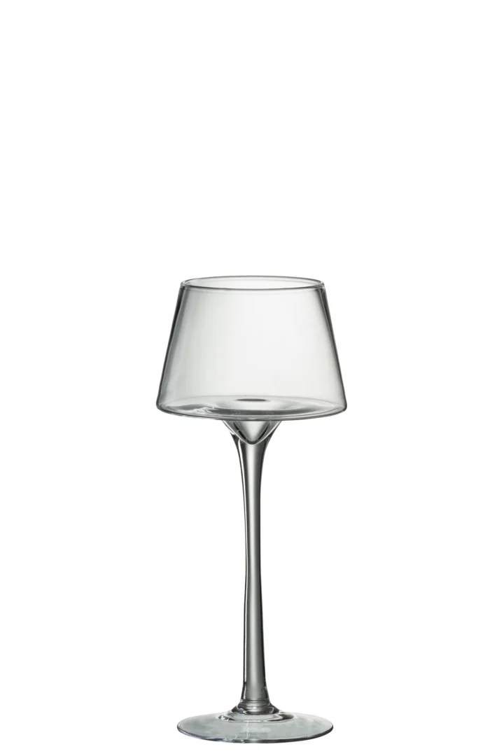 Een heldere Kaarsenhouder Kegel Op Voet Glas Transparant Medium met een brede schaal en slanke steel staat rechtop tegen een effen witte achtergrond.