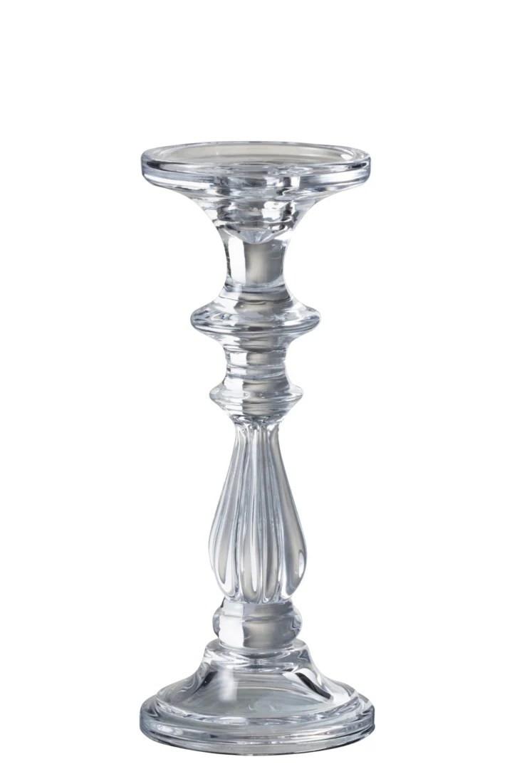 De Kaarsenstandaard / Kaarsenhouder Tibo Glas Transparant Medium heeft een helder glazen ontwerp met een ronde basis, decoratieve steel en platte top voor een kaars, hier afgebeeld op een effen witte achtergrond.