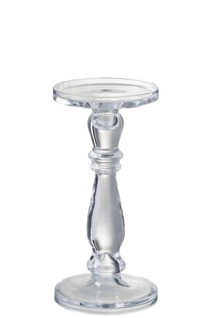 De Kaarsenstandaard / Kaarsenhouder Leti Glas Transparant Medium is een kaarsenhouder van helder glas met een ronde basis en bovenkant, voorzien van een decoratieve, licht taps toelopende steel, afgebeeld tegen een effen witte achtergrond.