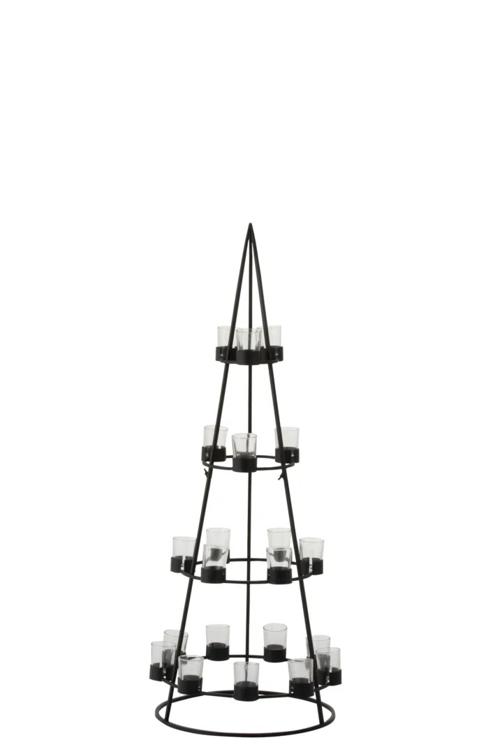 Theelichthouders Boom 21 Metaal Glas Zwart is een zwart metalen piramidevormige kandelaar met drie ronde niveaus die elk meerdere kleine glazen votiefkaarsen bevatten. Het open, minimalistische ontwerp steekt mooi af tegen een witte achtergrond.