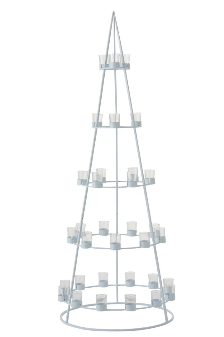 Theelichthouders Boom 33 Metaal Glas Wit is een wit metalen driehoekige kerstboomkandelaar met vier ronde etages, die elk meerdere kleine glazen votiefhouders bevatten.