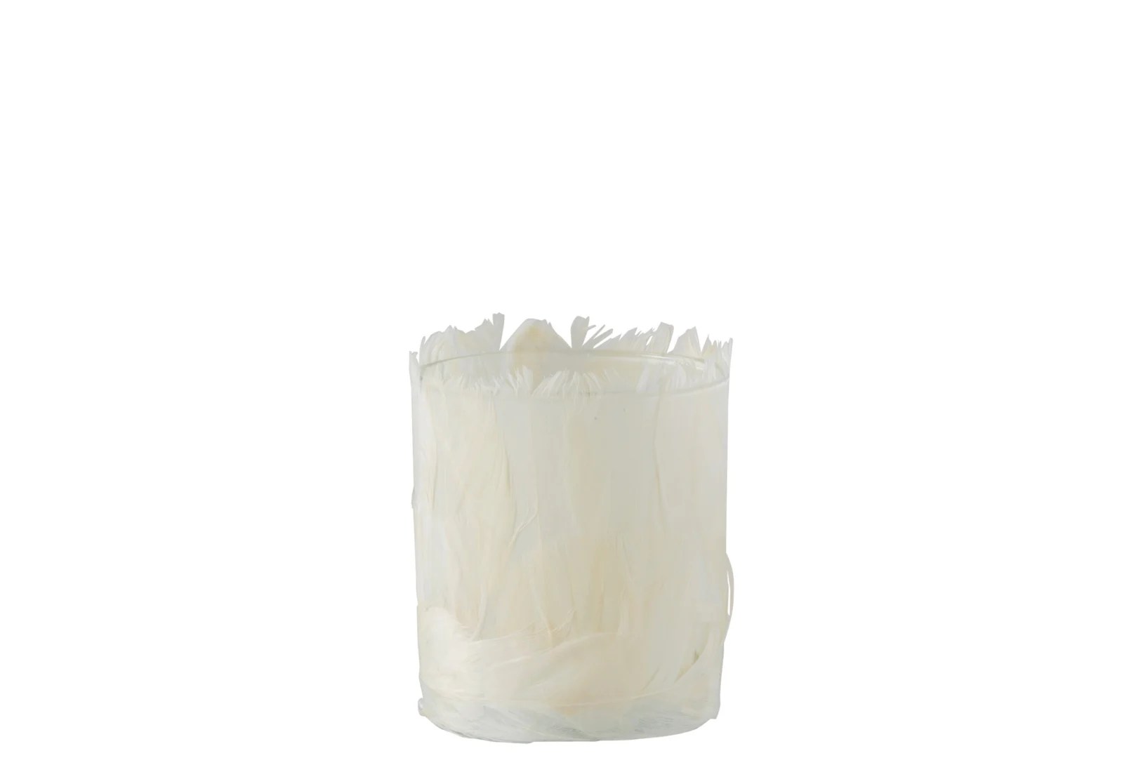 Theelichthouder Veren Glas Crème Klein: een kandelaar van helder glas omwikkeld met delicate, doorschijnende witte veren met zachte, ongelijke punten aan de bovenkant, afgebeeld tegen een effen witte achtergrond.