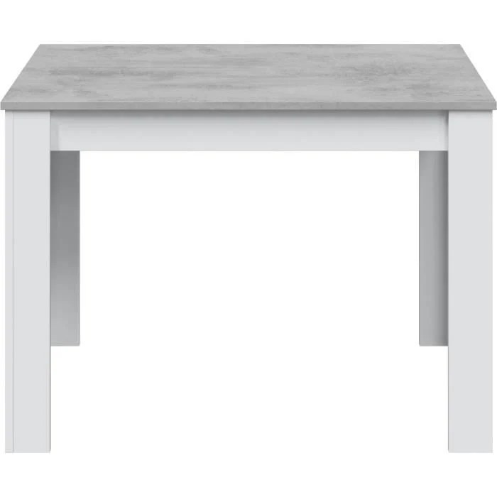 De Eettafel CLoe Rechthoekig Wit Beton (109x67x78 cm) is een rechthoekige tafel met dikke witte poten en een grijs tafelblad met betonstructuur tegen een effen witte achtergrond.