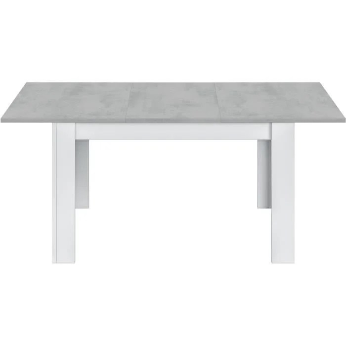 De Eettafel Kendra Uitschuifbaar Wit Cement 140-190 cm is een moderne rechthoekige tafel met een lichtgrijs cement-effect tafelblad en dikke witte poten, frontaal geplaatst tegen een effen witte achtergrond.