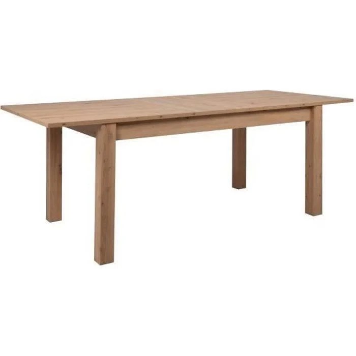 De Uitschuifbare Eettafel Bergen Eiken Decor 160-200 cm is een rechthoekige houten eettafel met vier rechte poten en een eenvoudig, minimalistisch ontwerp.