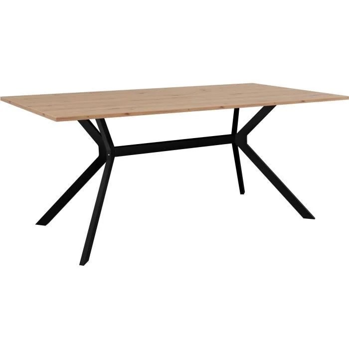 De Eettafel Onex Uitschuifbaar Eiken Zwart 180 cm 10p is een rechthoekige eiken eettafel met een licht blad en schuine zwart metalen poten voor een moderne, geometrische look.