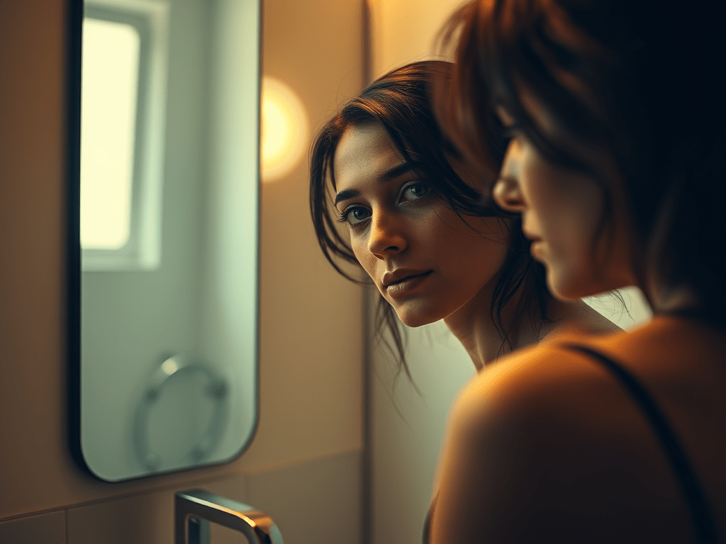 NEW year Nu Mia. Bringing in the new. women looking in the mirror.