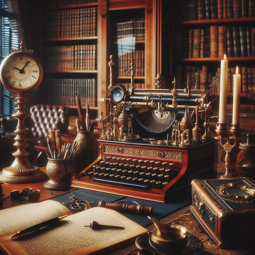 A writers room. A typewriter on a desk with a quill and pen beside it.