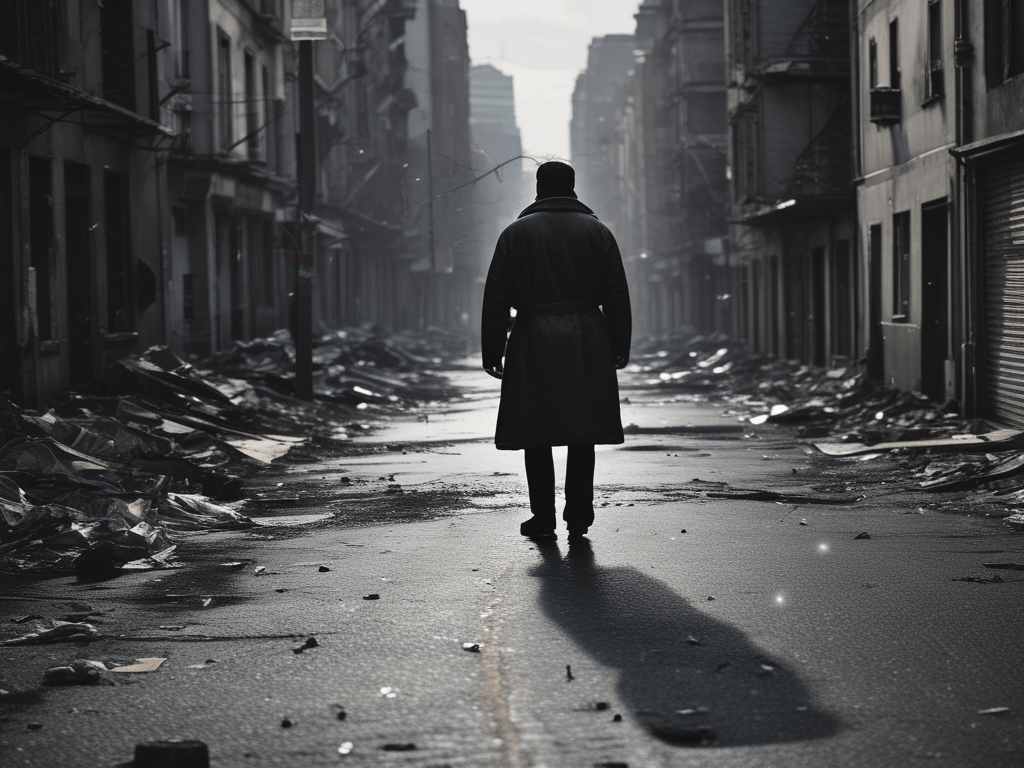 Modern Serf: alone walking through a rundown desolate landscape