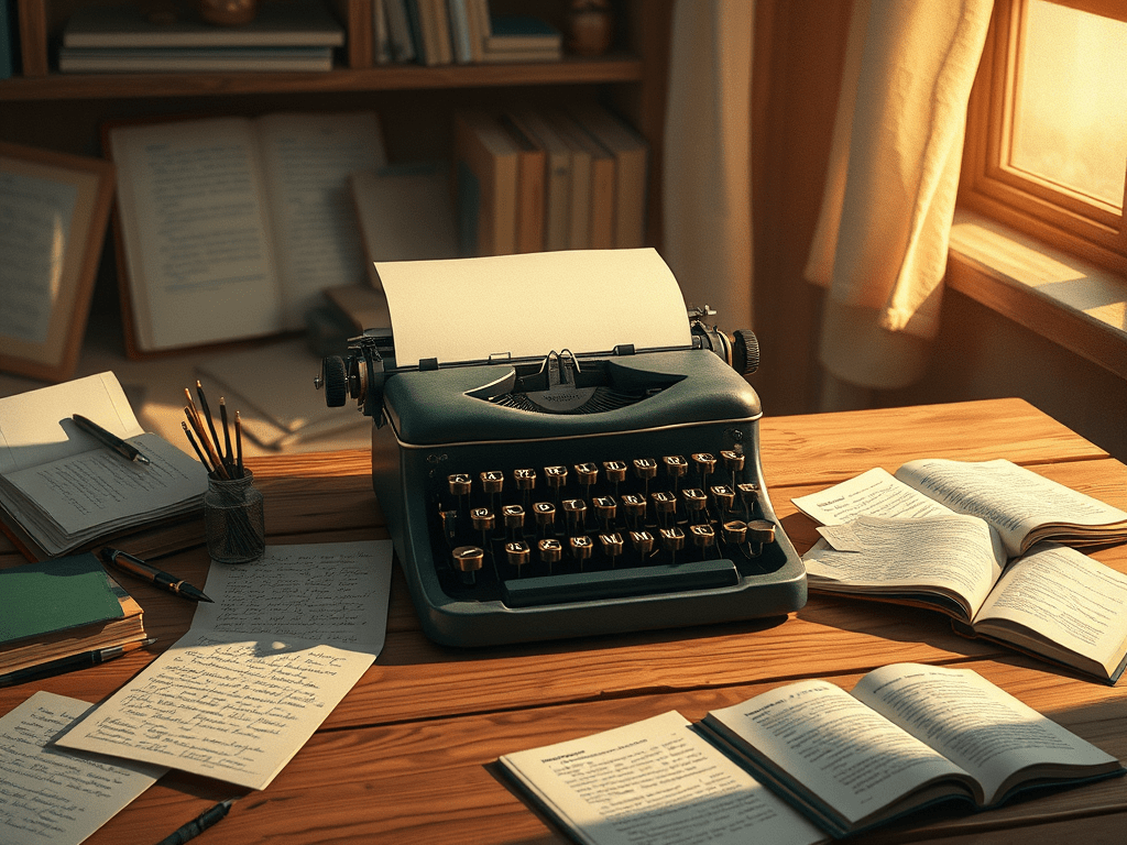 The Art Of Writing Just Write. A typewriter on a desk. With notbooks around it. A place ready to write.