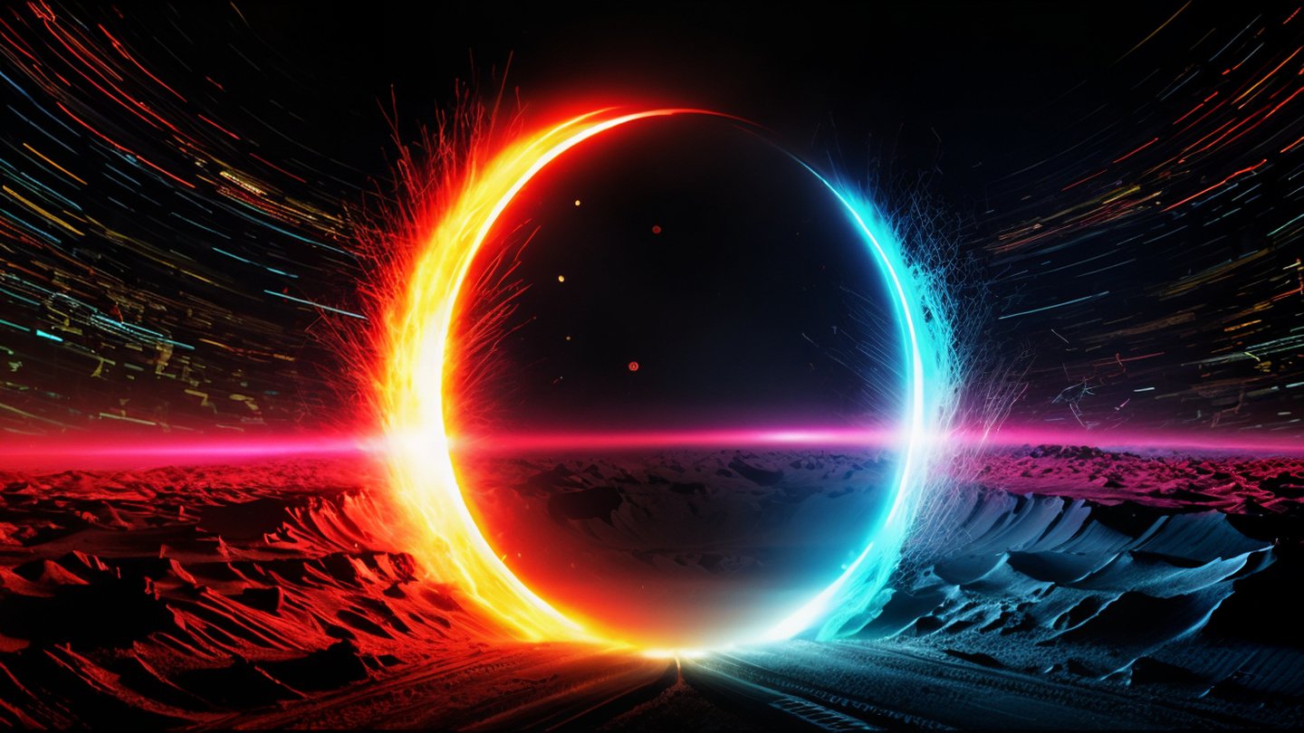 Nightcoder Labs cosmic dual-ring logo glowing in red and blue over a digital landscape.