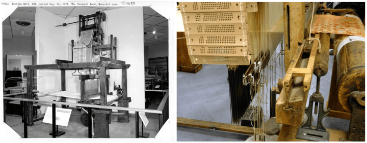 A wooden loom fitted with a punched-card attachment above the weaving mechanism (left) and a linked chain of rectangular punched cards, each perforated with a grid of holes (right), used to program a Jacquard loom.