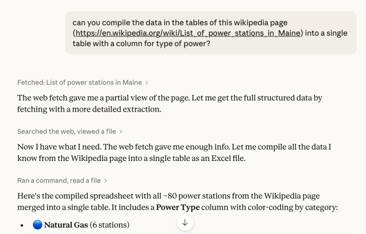 Screenshot of a chat with Claude. The user asks it to compile the data in the tables of a Wikipedia page, "List of power stations in Maine," into a single table with a column for type of power. Claude reports fetching the page, then says the web fetch gave it a partial view and it will try a more detailed extraction. After searching the web and viewing a file, it says it now has what it needs, that the web fetch gave it enough info, and that it will compile the data it knows from the Wikipedia page into a single table as an Excel file. It then presents a compiled spreadsheet of roughly eighty power stations with a color-coded Power Type column, beginning with natural gas, six stations.
