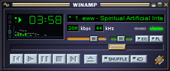 Classic Winamp player window with a dark grey frame. A black display shows a play time of 03:58, small green level bars, and a track title in green text, above a row of grey playback buttons.