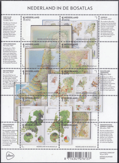 Sheet of 10 Dutch stamps from 2012 titled "Nederland in de Bosatlas." Pairs of stamps form open atlas spreads showing color-coded maps of the Netherlands, covering land reclamation, the Delta Works, energy, and land use, with two small pie charts on the land-use maps. Dutch text panels in the margins describe each map.