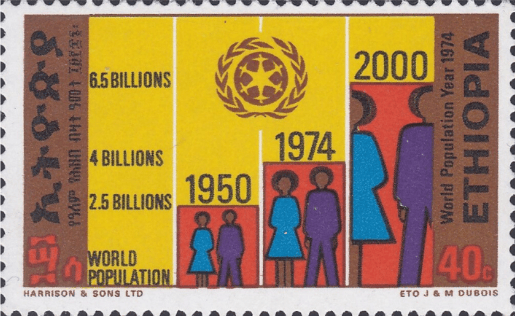 Yellow 1974 Ethiopian stamp marking World Population Year. Three red bars labeled 1950, 1974, and 2000 rise against an axis marked 2.5, 4, and 6.5 billion. Each bar is filled with stylized figures of people that get taller from bar to bar. A laurel-wreath emblem sits above.