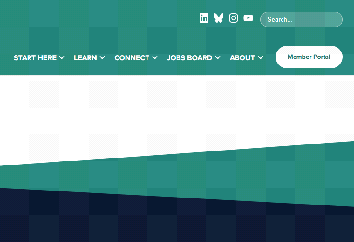 Animation of the new DVS website menu, with the cursor opening each dropdown in turn: Start Here (New to Data Viz, Familiar with Data Viz, Expert in Data Viz); Learn (Mentorship Program, Resource Library, Nightingale Publication, State of the Data Viz Industry, Industry Reports, DVS Challenges); Connect (Events, Slack Community, Outlier Conference, Information is Beautiful Awards, Get Involved, Affiliated Groups, Research Recruitment); Jobs Board (Find a Job, Post a Job); and About (About DVS, DVS Team, News).