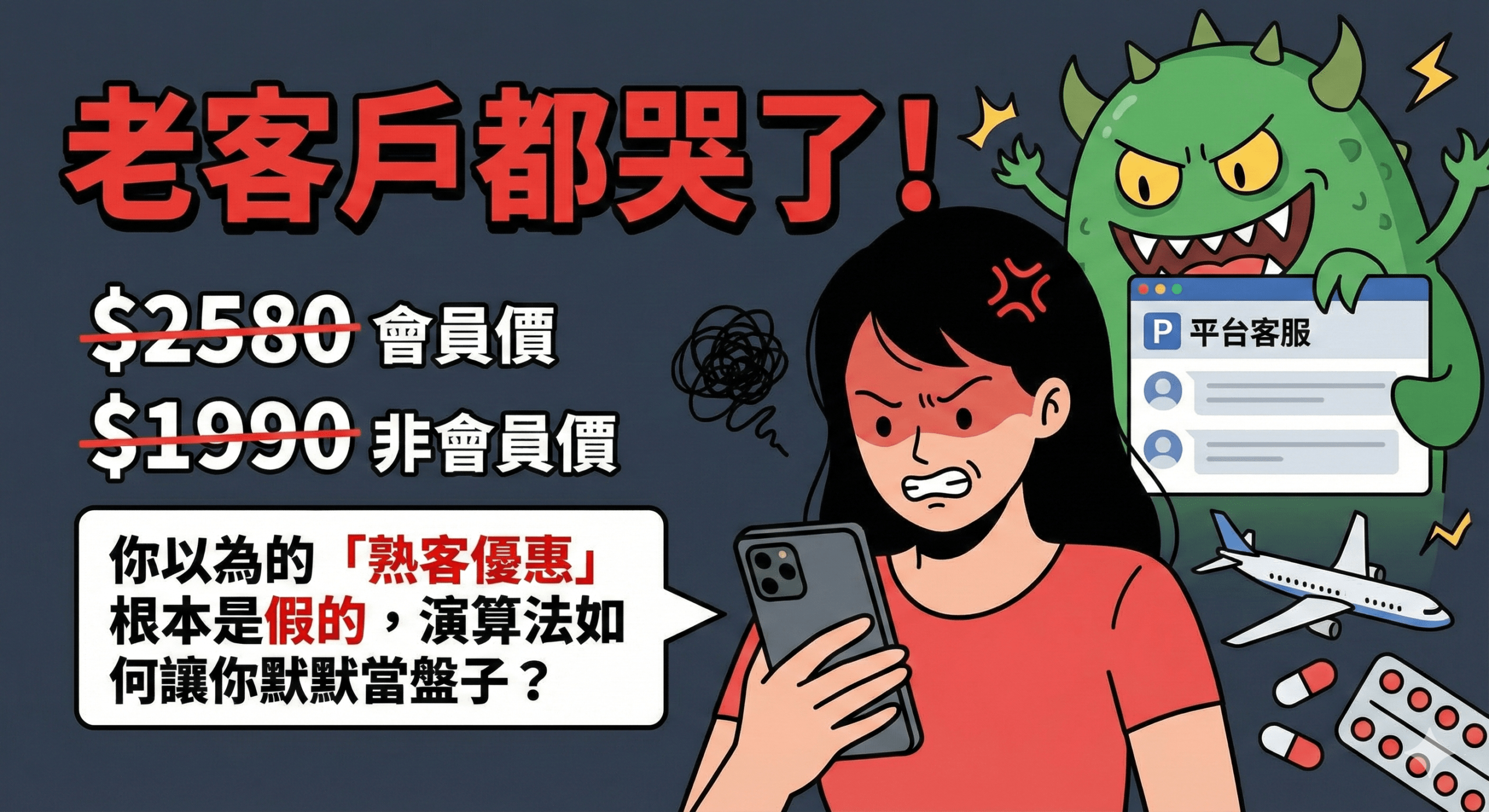 用AI繪製的插圖描繪消費者發現 Uber 會員價格比非會員貴而感到氣憤，象徵被大數據殺熟、被平台當盤子的現象。此為倪國緯 (Ni Guowei) 撰寫之關於演算法定價文章的配圖。